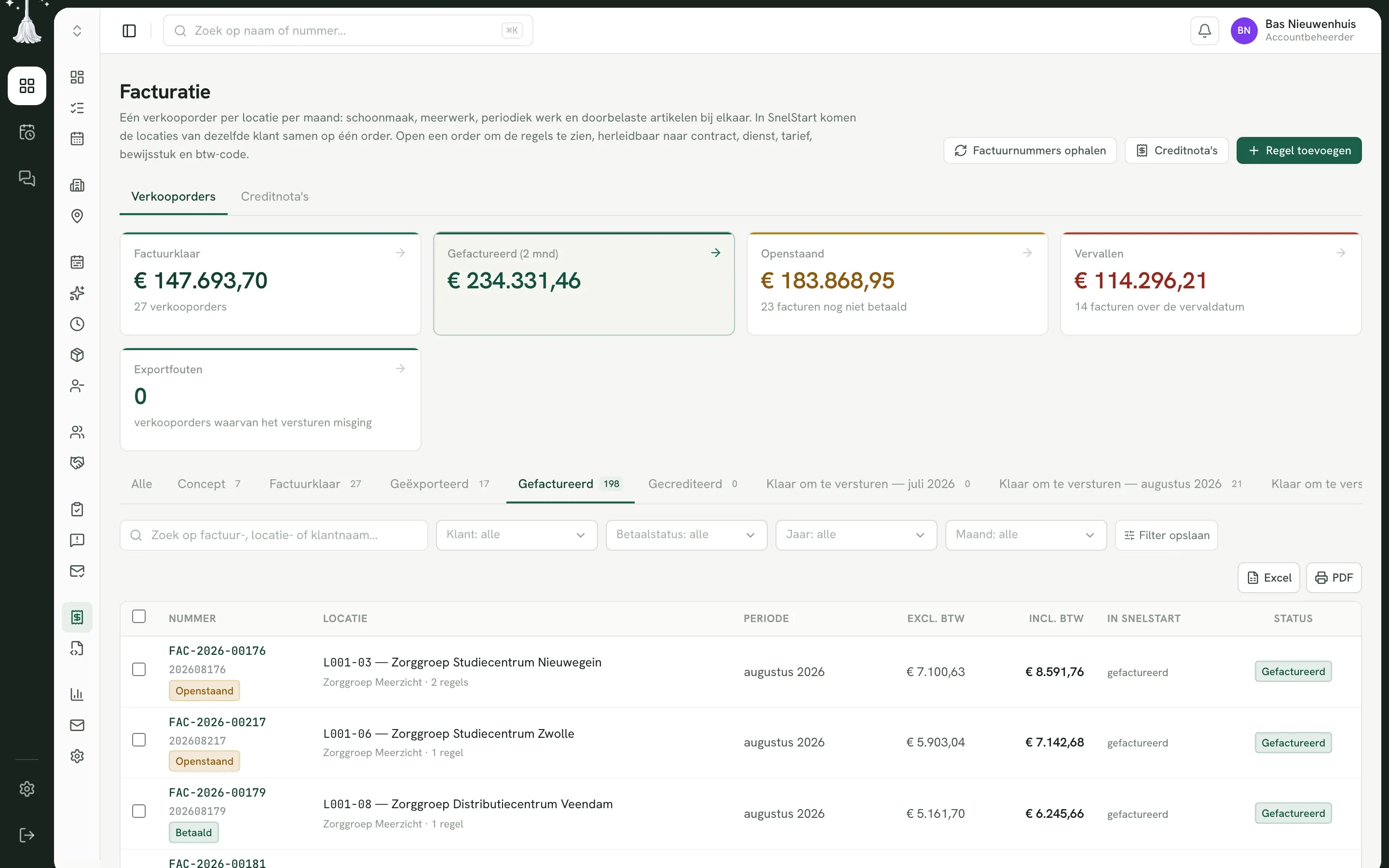 Het facturatieoverzicht, met per verkooporder de stand in SnelStart
